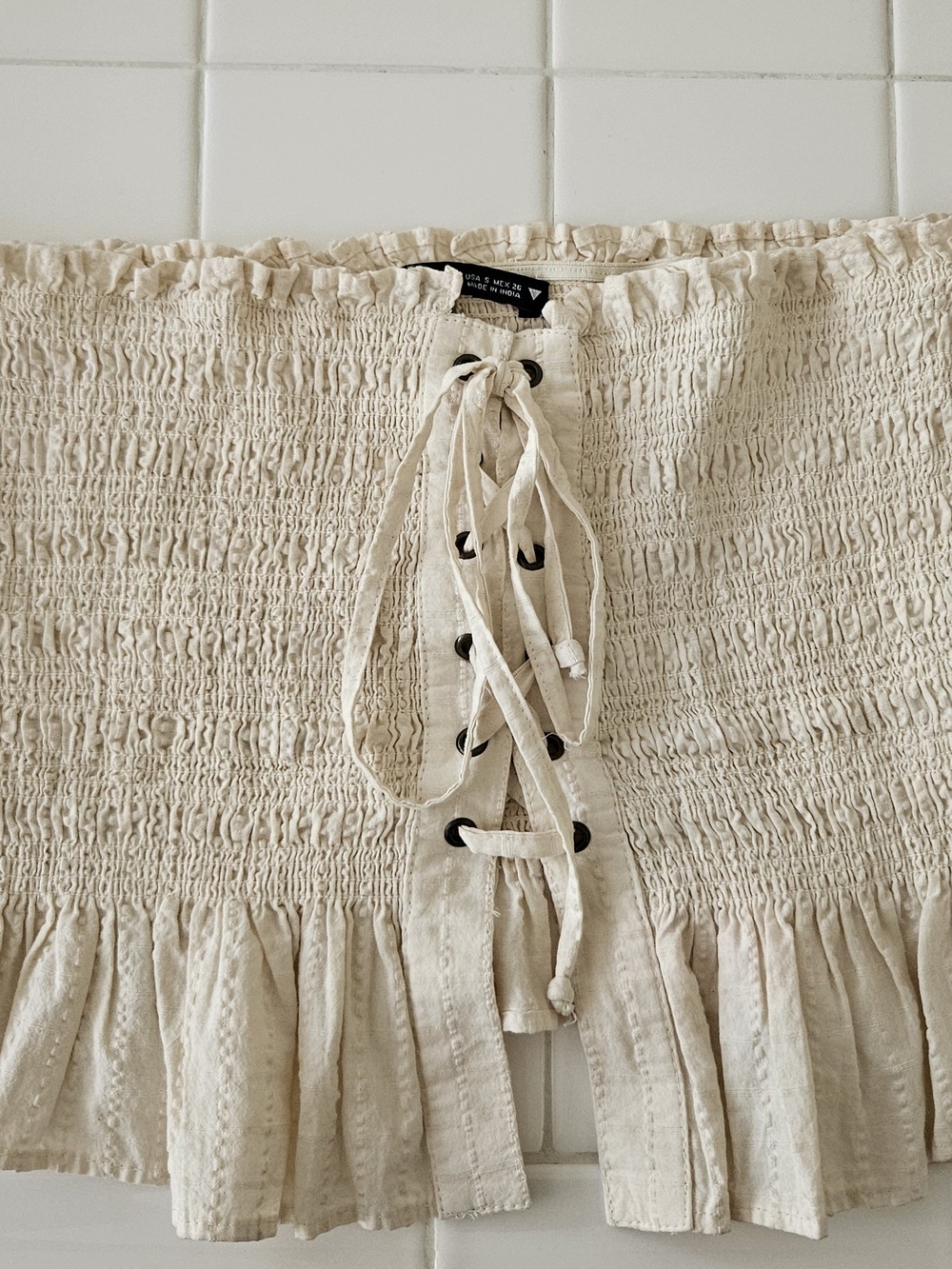 Zara Cream Smocked Crop Top with Lace-Up Front